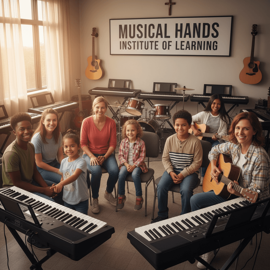 Group of music students of different ages smiling together in a classroom