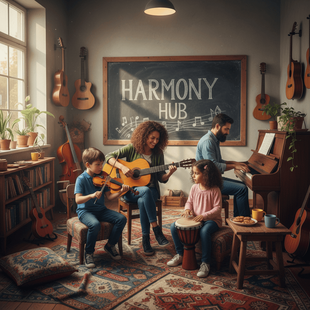 Family with instruments in a cozy, faith-based music school classroom