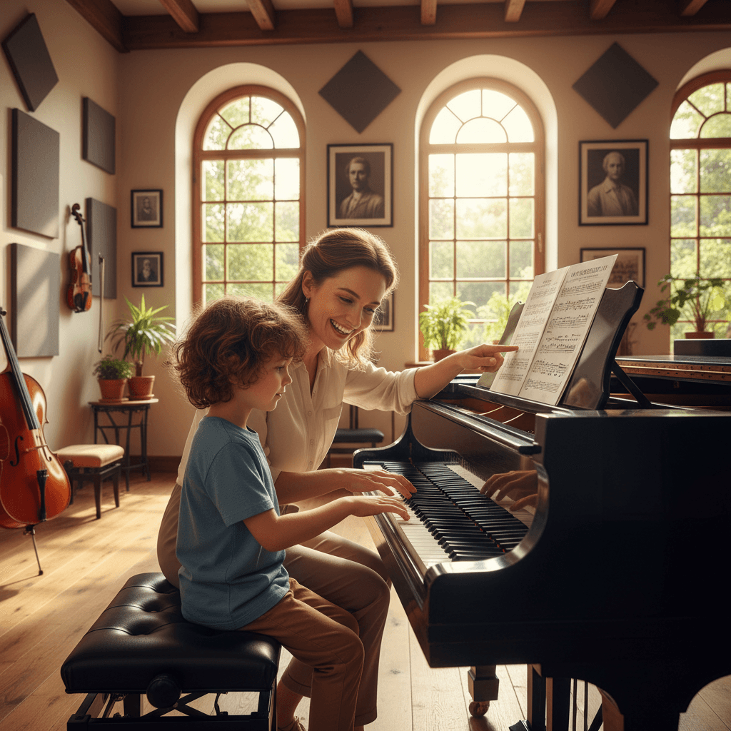 Child learning piano with teacher in a bright, welcoming music studio