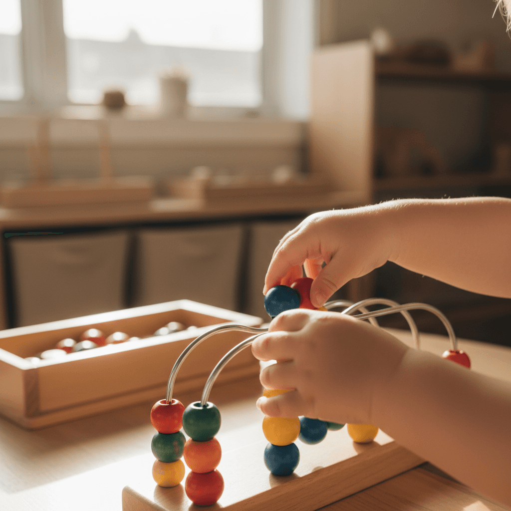 Child wearing company t-shirt learning to play piano in bright music studio