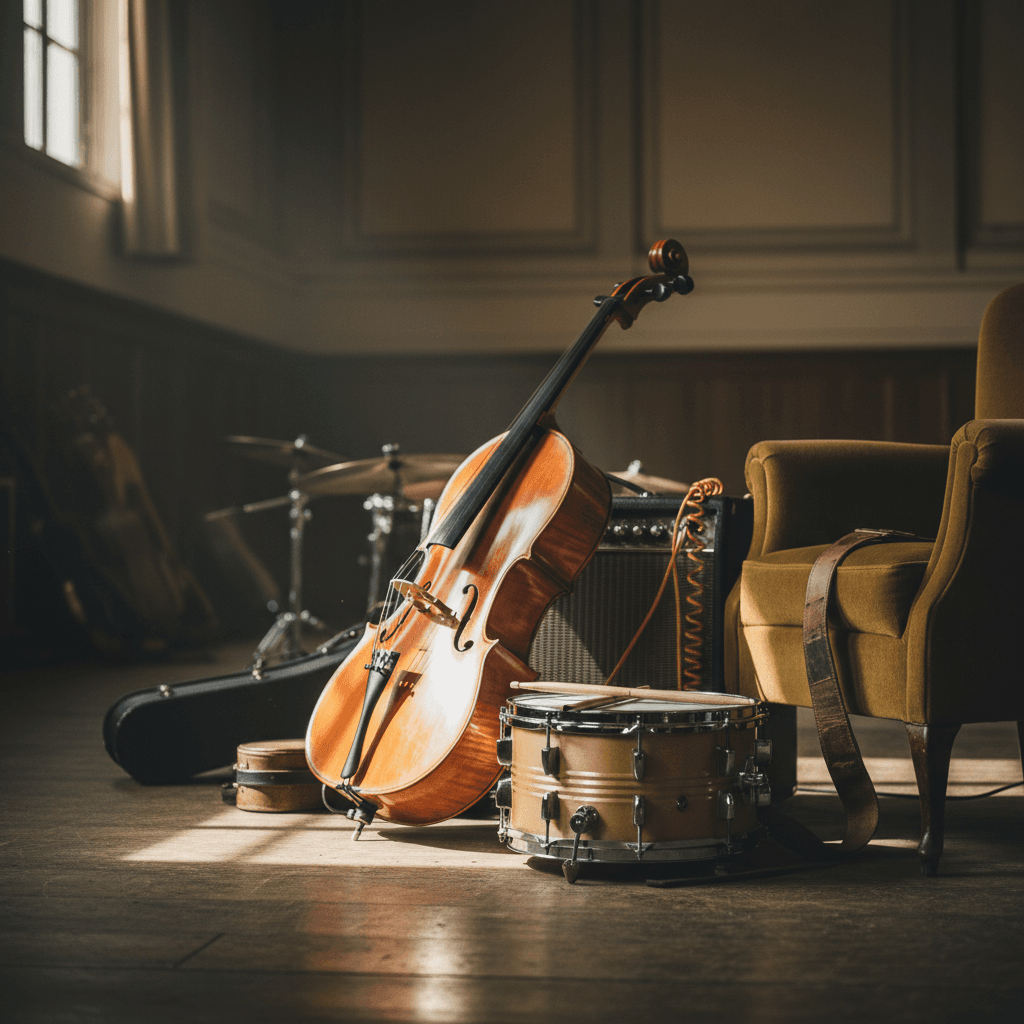 Close-up of various musical instruments and stage equipment arranged on performance space with soft directional lighting