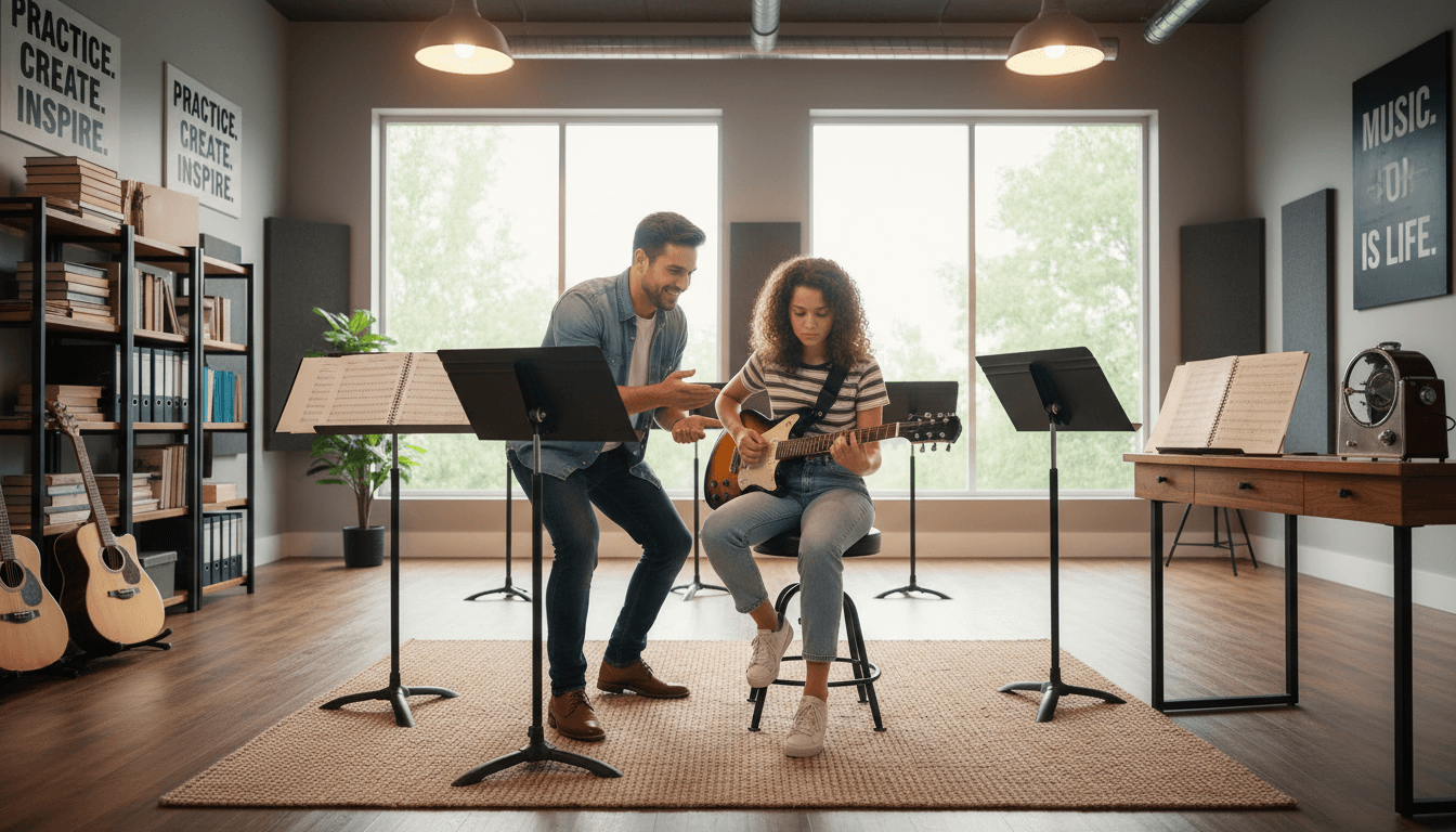 Adult guitar student in t-shirt