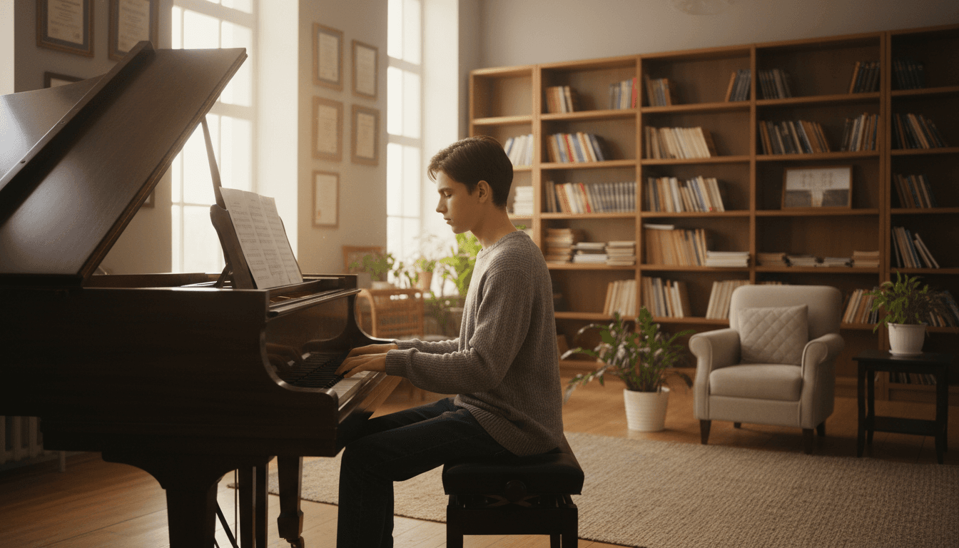 Child learning to play piano while wearing a t-shirt in a warm music studio