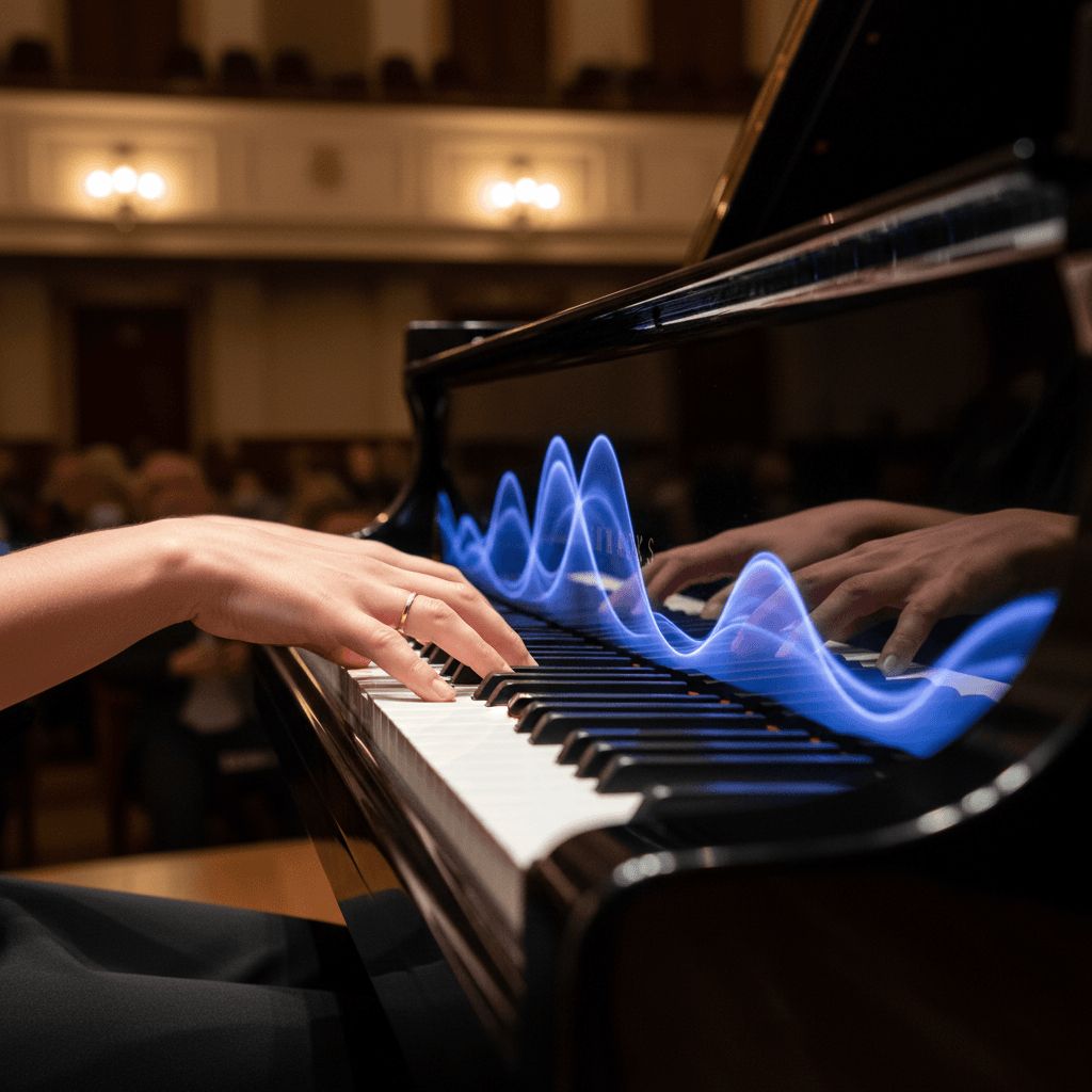 Piano, keyboard, and drumsticks arranged on a small stage