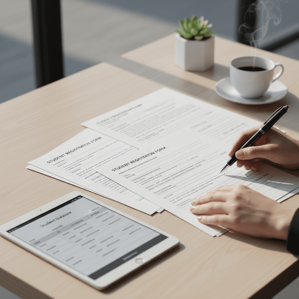 Hands exchanging a form on a clean wooden desk