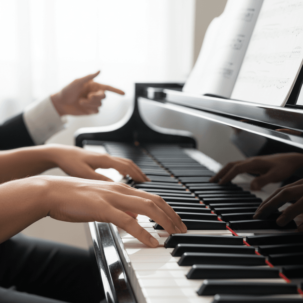 Kid learning keyboard in t-shirt