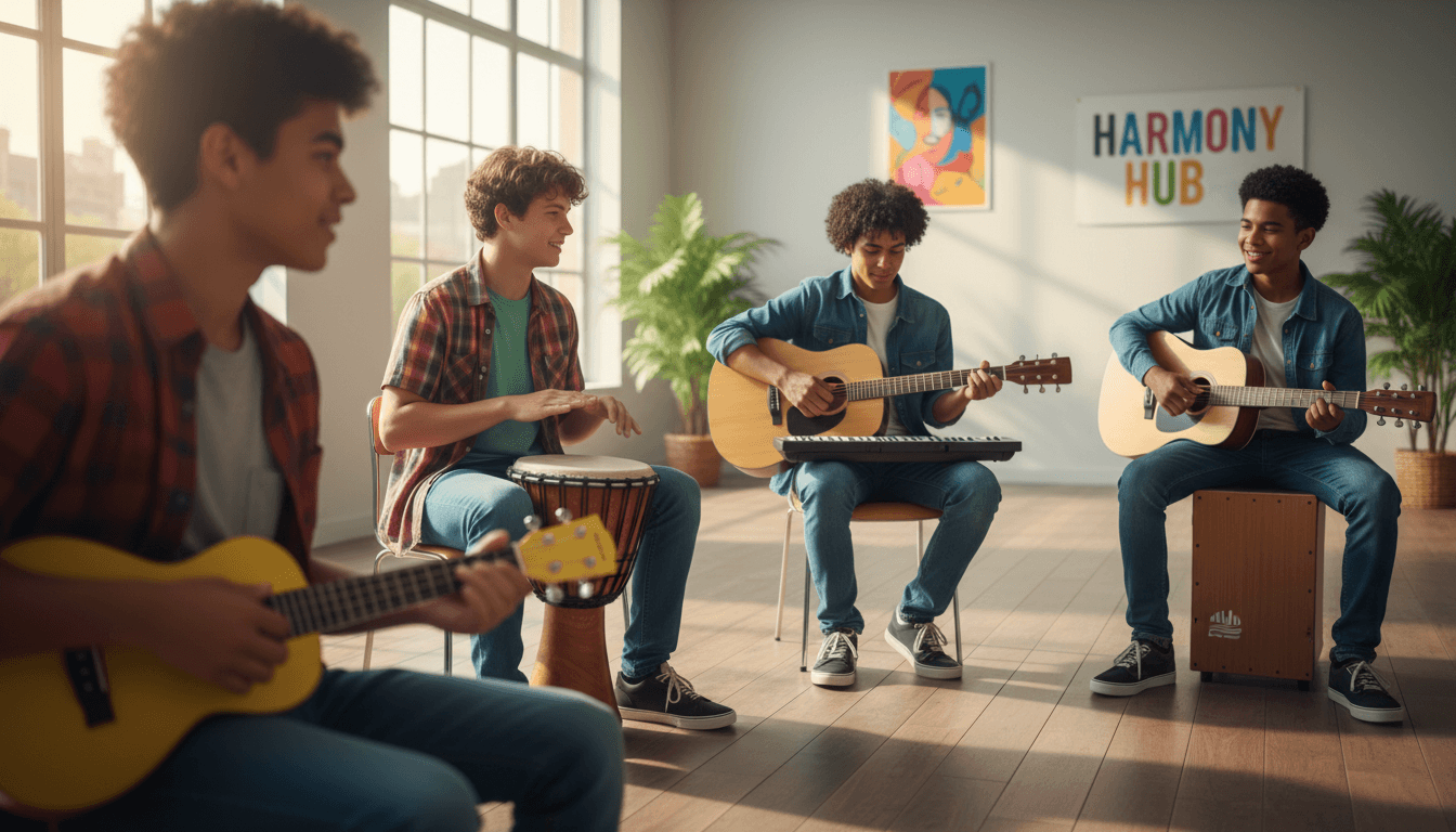 Students of various ages playing instruments together in a bright, welcoming music school