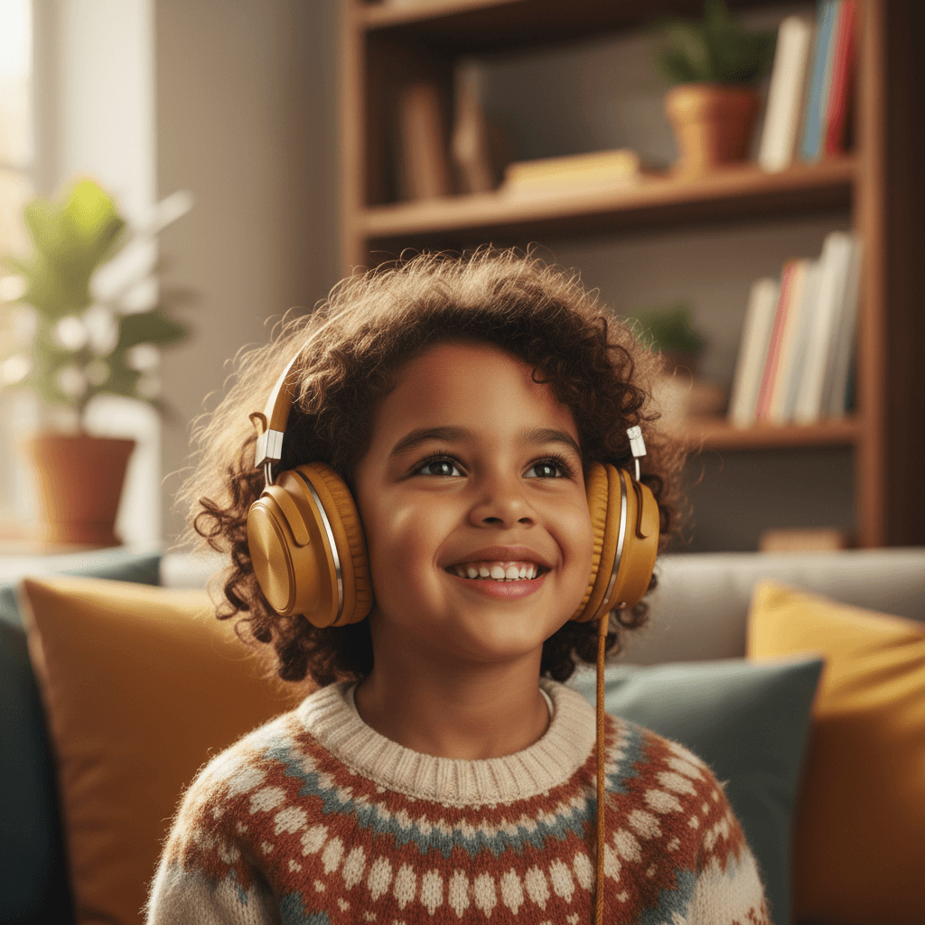 Young child smiling while wearing headphones, listening to music in a softly-lit cozy home setting