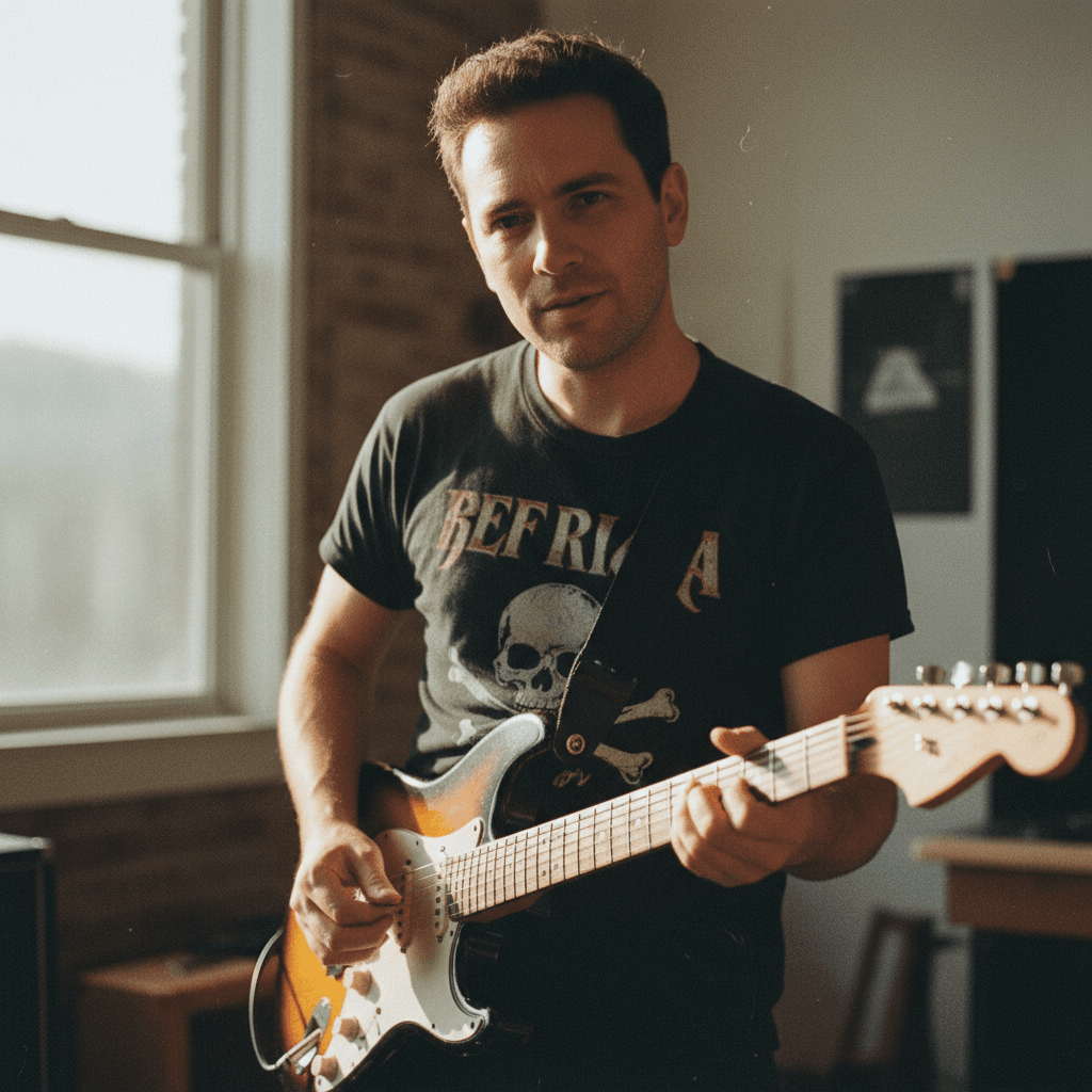 Adult in black t-shirt holding a guitar and smiling